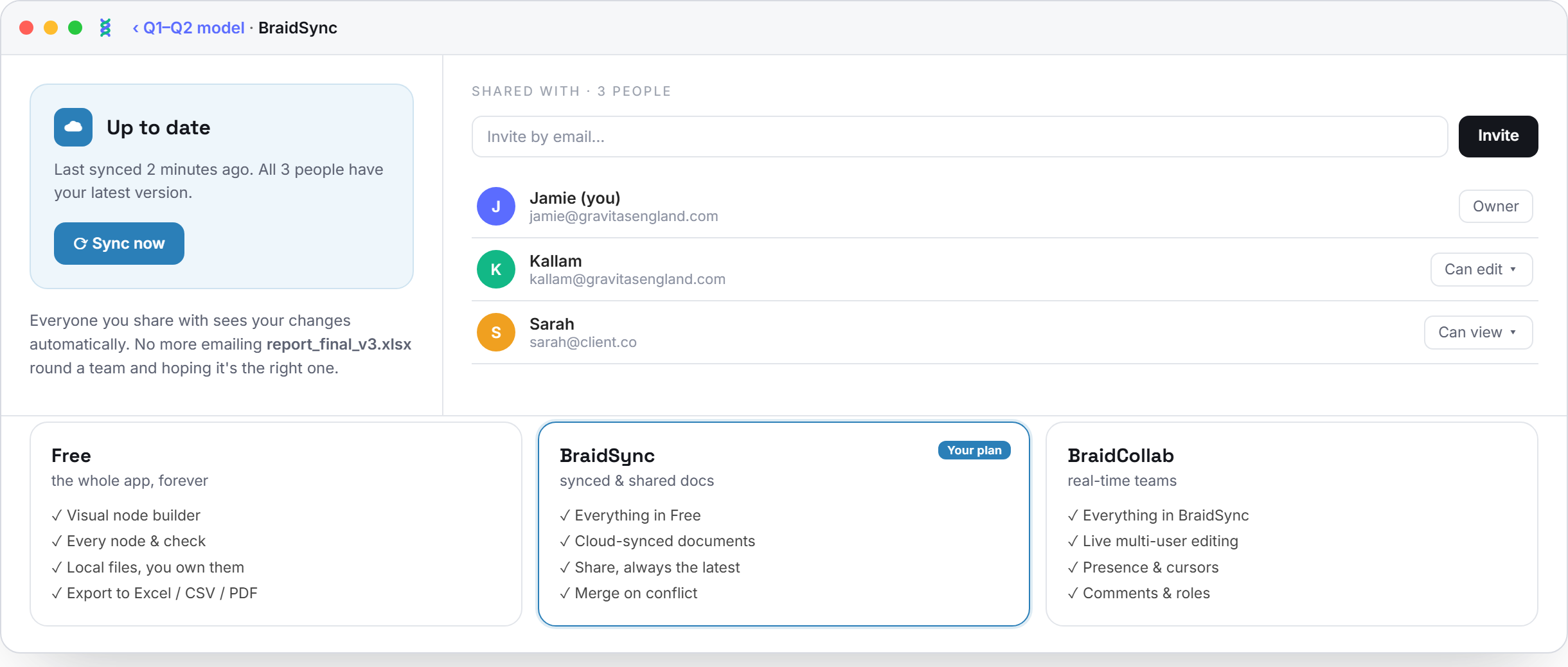 BraidSync: one shared document that stays on the latest version, with a clear merge screen for offline edits