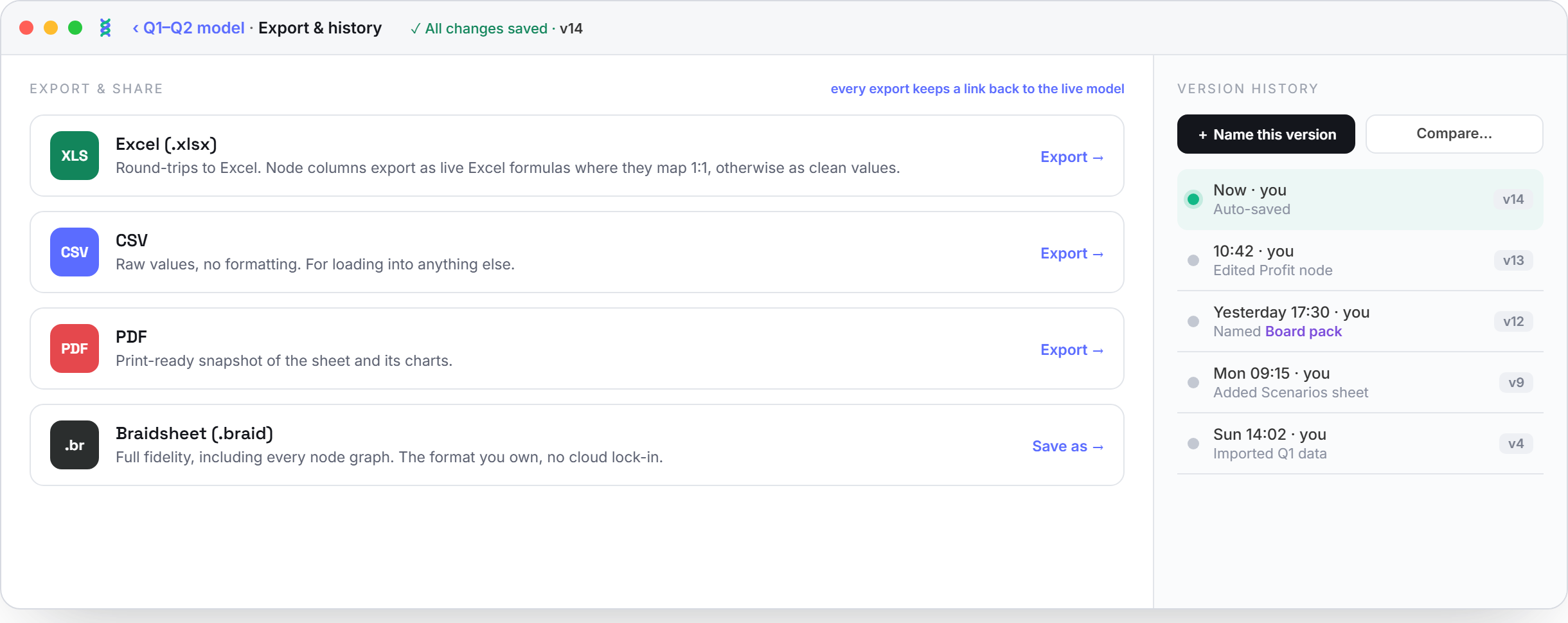 Braidsheet version history and export: milestones, restore points and clean exports to Excel, CSV or PDF