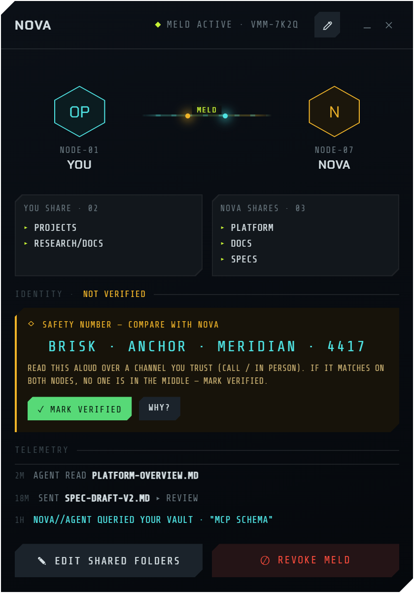VulkanMM bridge detail: what each side shares, an unverified identity with a spoken safety number to compare, and a live telemetry feed of reads and sends