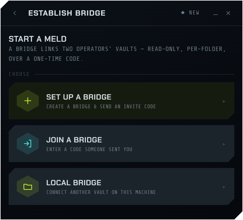 VulkanMM establish-bridge screen: set up a bridge and send an invite code, join a bridge with a code, or connect another vault on the same machine